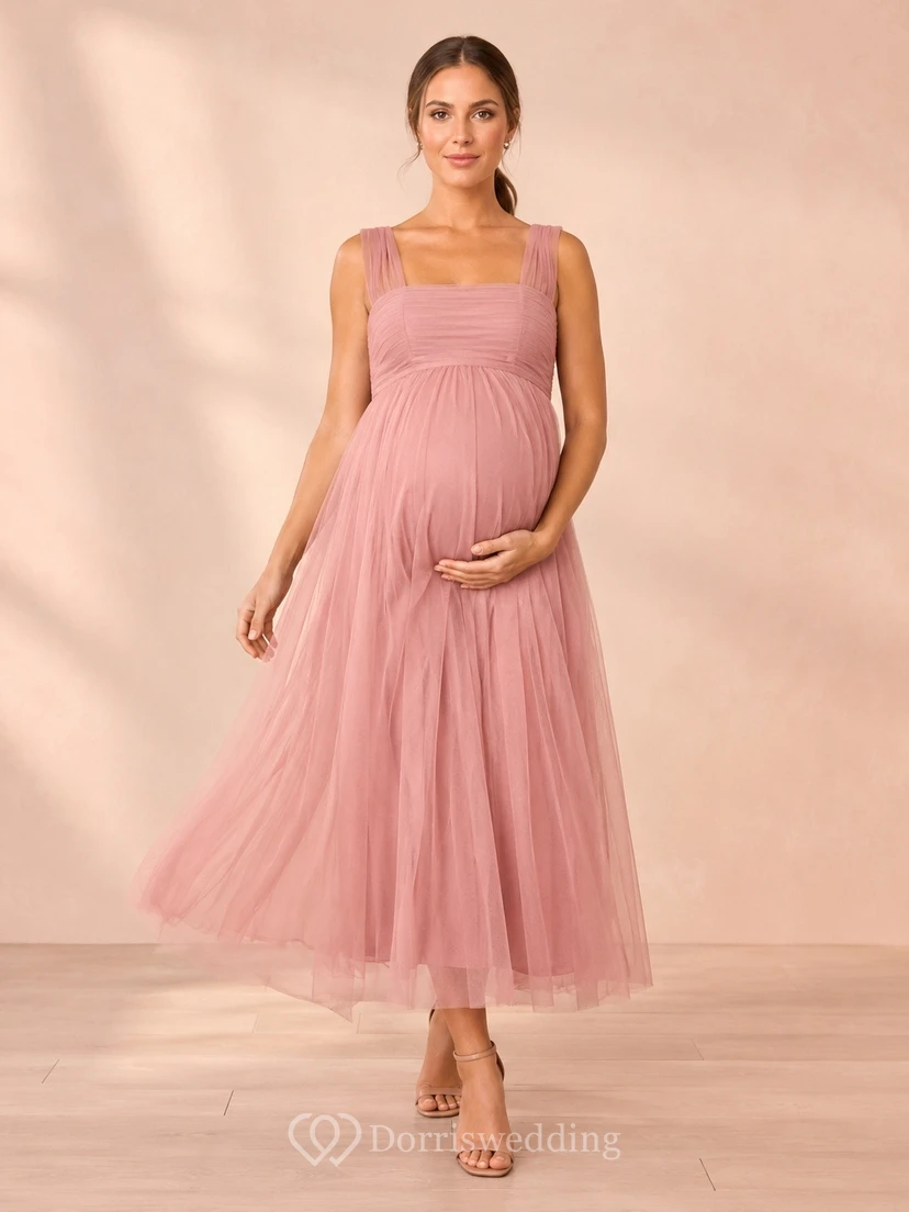 Blushing Pink Square Neck Sleeveless Empire Maternity Chiffon Tea-Length Dress