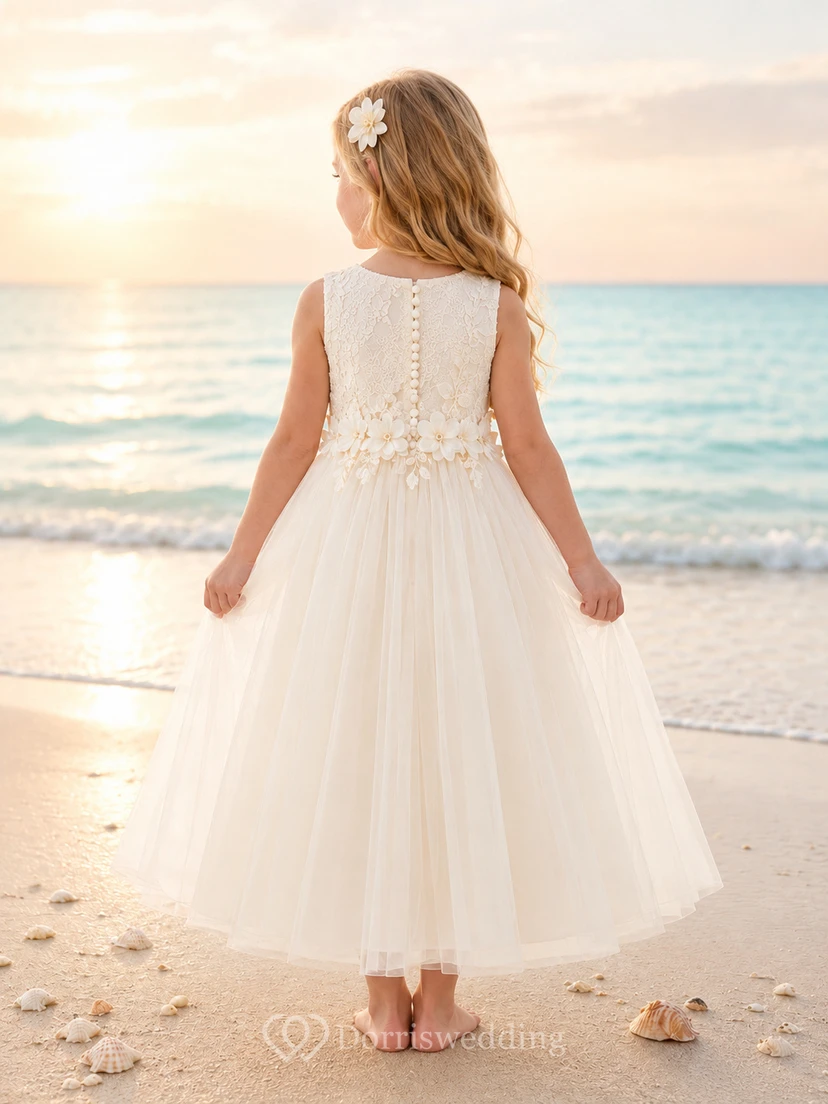 Blumenmädchenkleid aus elfenbeinfarbenem Chiffon und Tüll, A-Linie, Rundhalsausschnitt, Teelänge, mit Schärpendetails view 2
