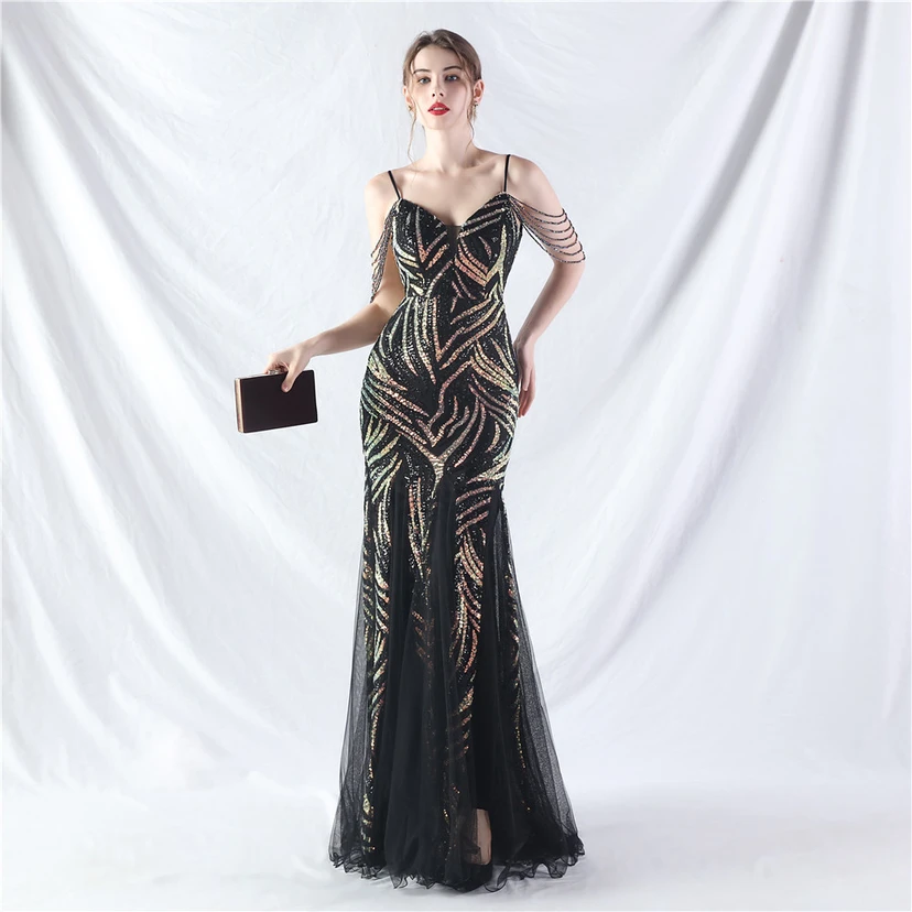 Layered Beads Spliced ​​Mesh High-End Evening Dress view 56