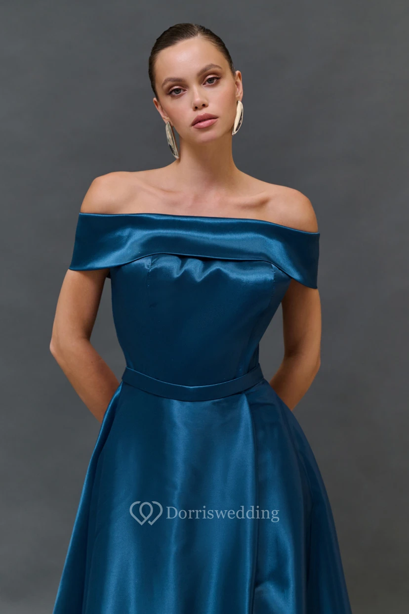Off-the-shoulder Satin A-line Floor-length Dress view 3
