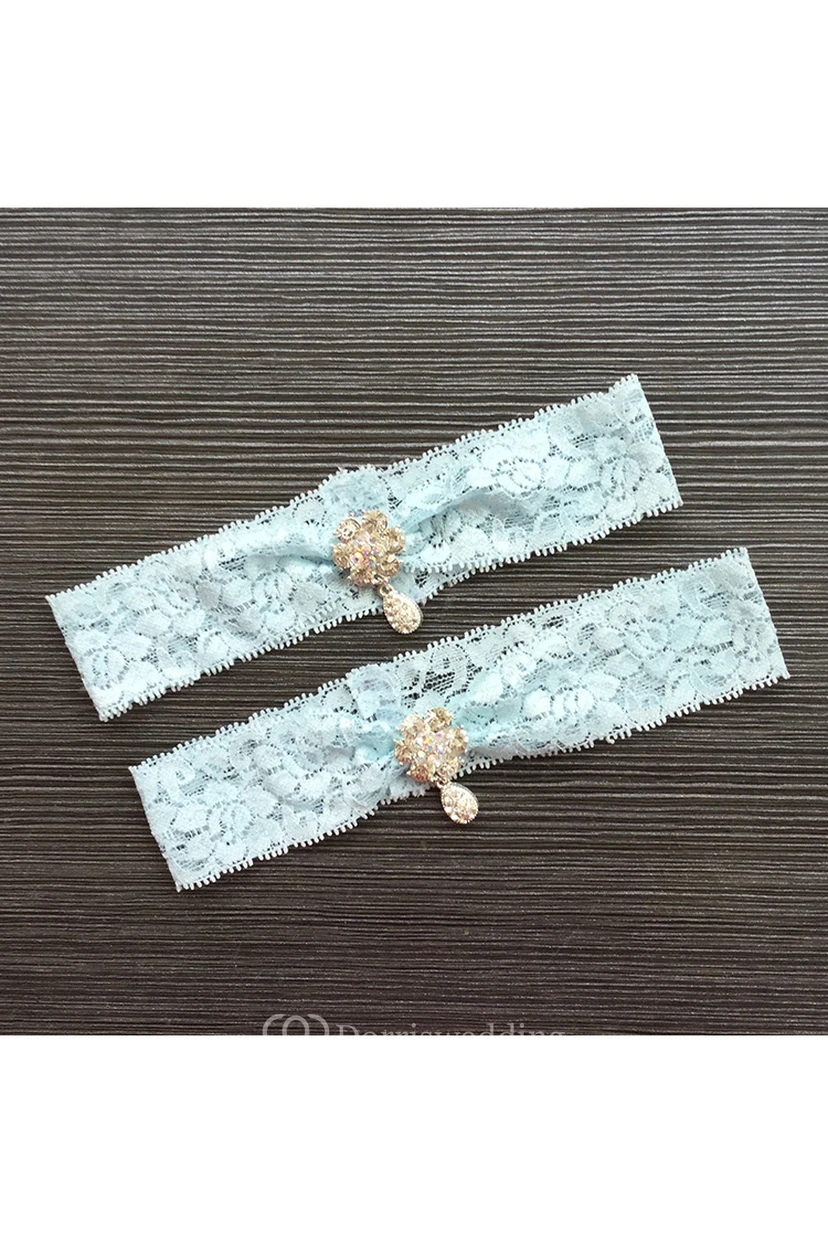 Drop Shape Diamond Lace Two Piece Elastic Bridal Garter Within 16-23inch view 2