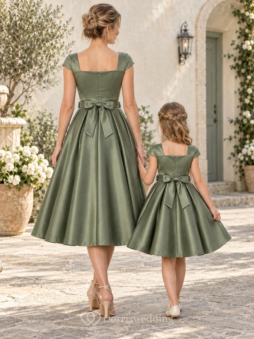 Robe assortie pour la mère, en satin vert à col carré et manches courtes, longueur thé, col rond, manches courtes. view 2