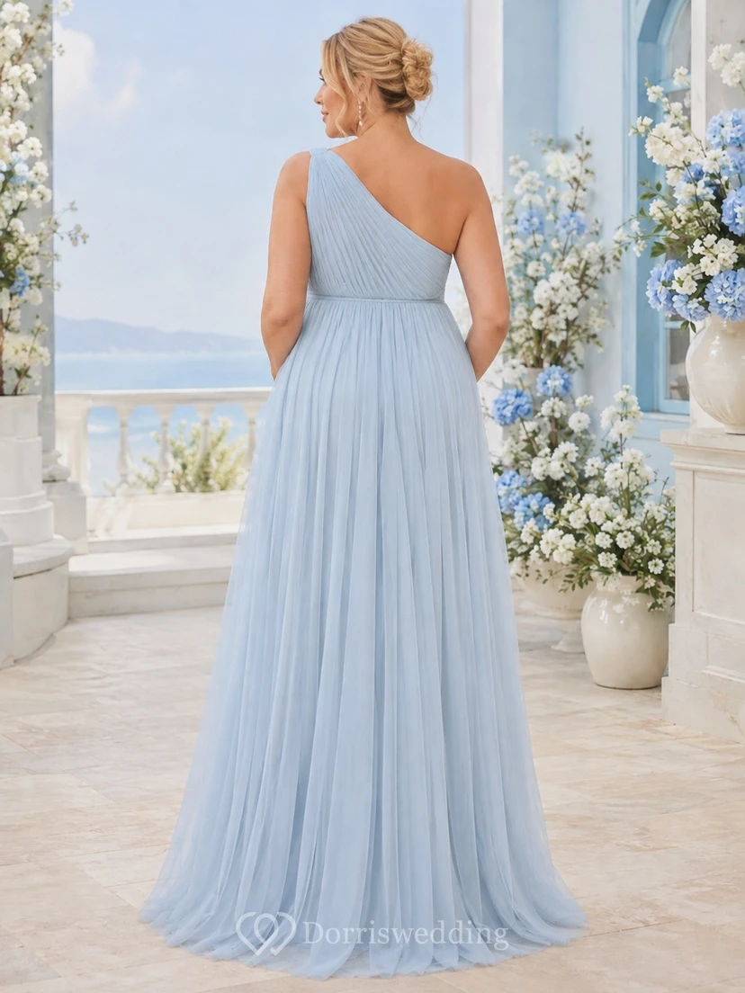 Maternity Romantic Mist One Shoulder Sleeveless Empire Pleated Tulle Dress view 2