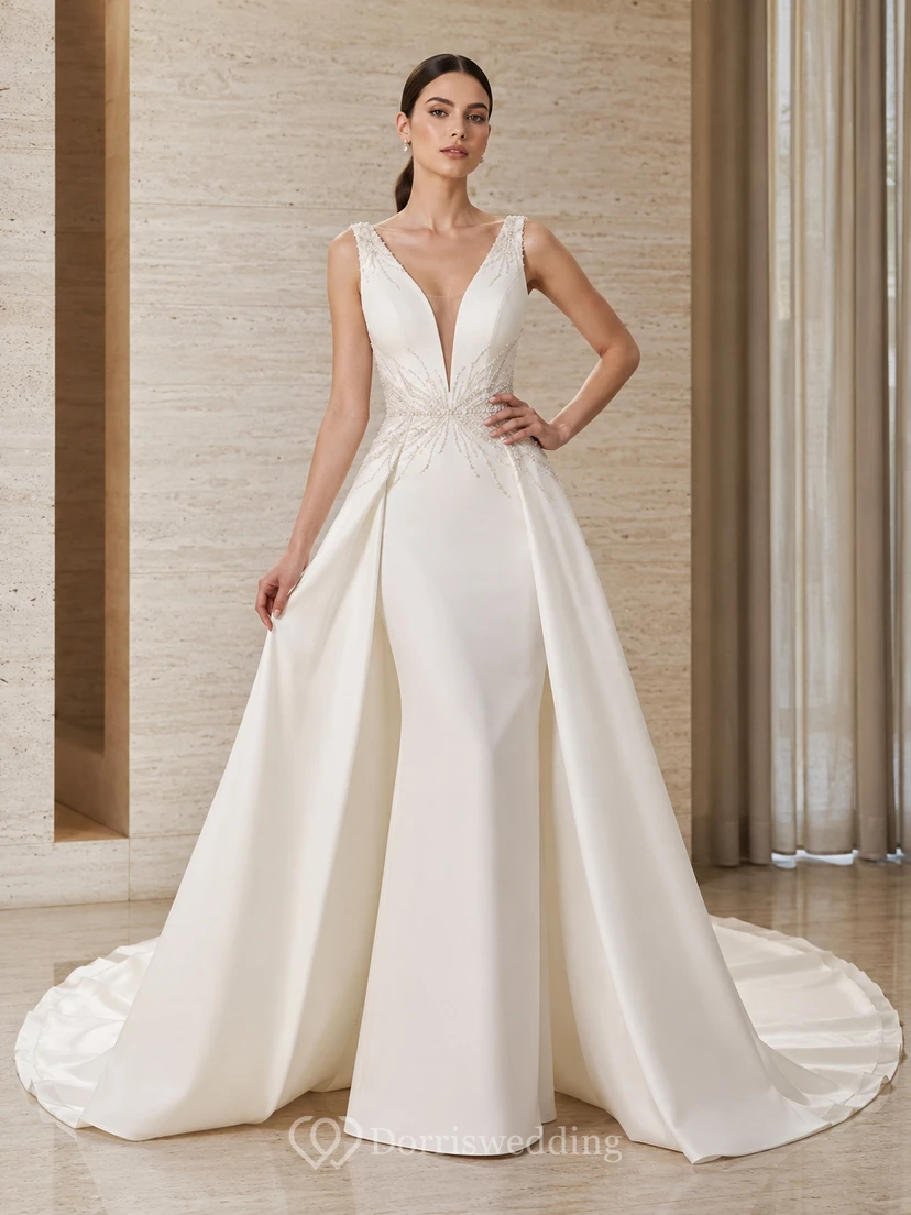 Robe de mariée en satin plissée à décolleté plongeant et traîne chapelle
