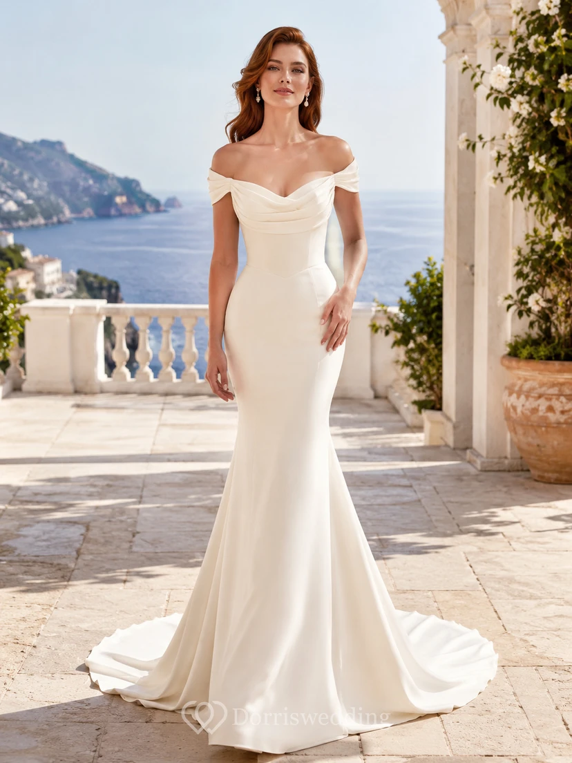 Minimalist Satin Wedding Dress Mermaid Off Shoulder Sweep Train Bridal Gown