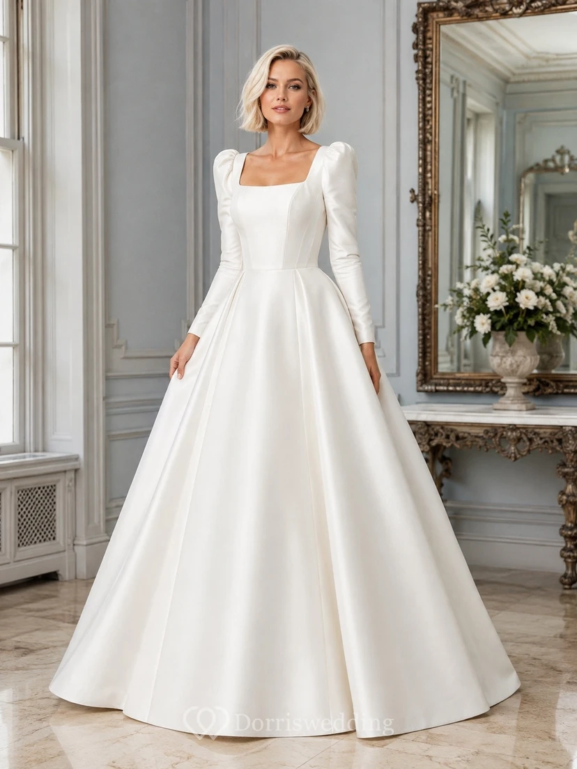 Simple Bridal Satin Square Neck Long Sleeve A-Line Wedding Gown