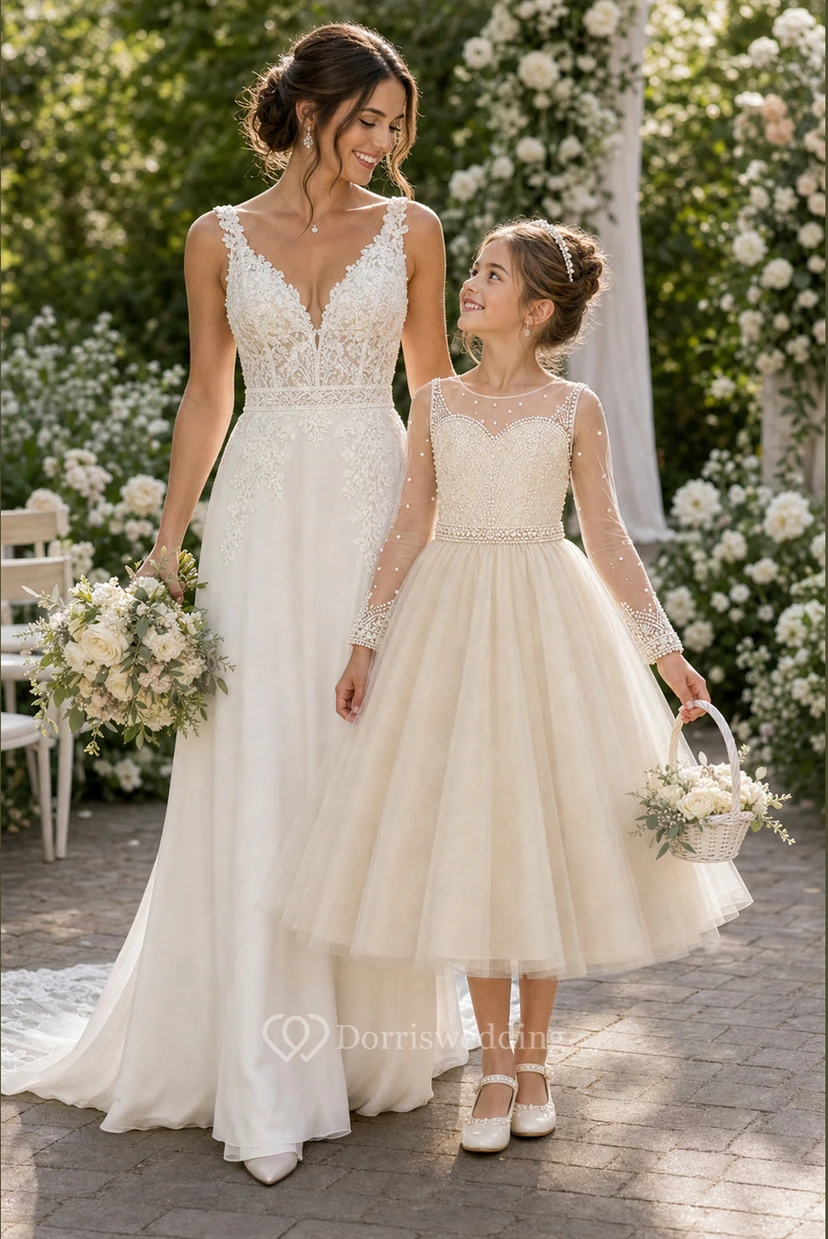 A-line Tea-length Long Sleeve Illusion Tulle Lace Flower Girl Dress with White satin skirt with long illusion lace sleeves view 9