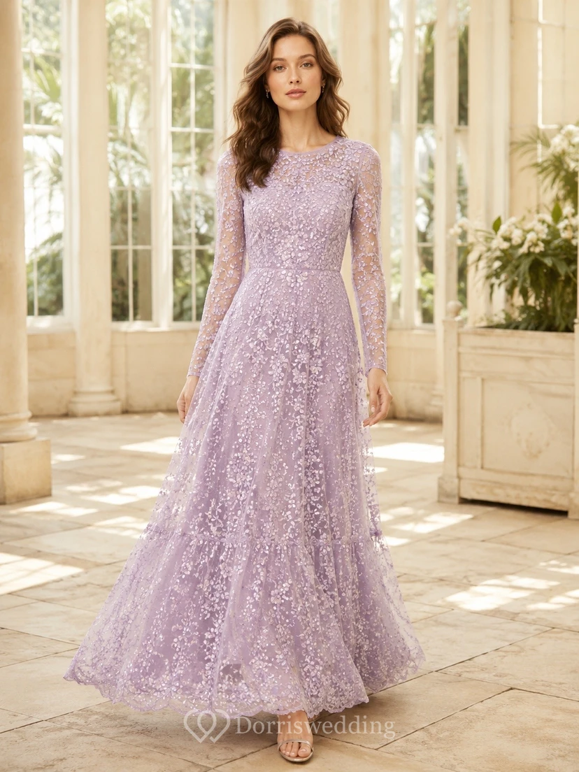 Lavender Lace Long Sleeve Sheath Floor-Length Evening Dress
