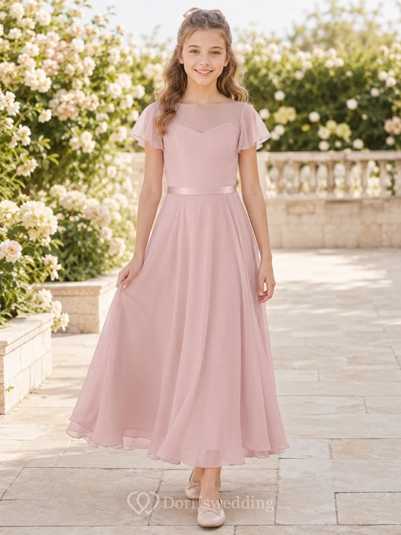 Rosafarbenes Brautjungfernkleid, A-Linie, herzförmiger Ausschnitt, hoher Kragen, kurze Blütenblattärmel, Teelänge, Chiffon, schlicht