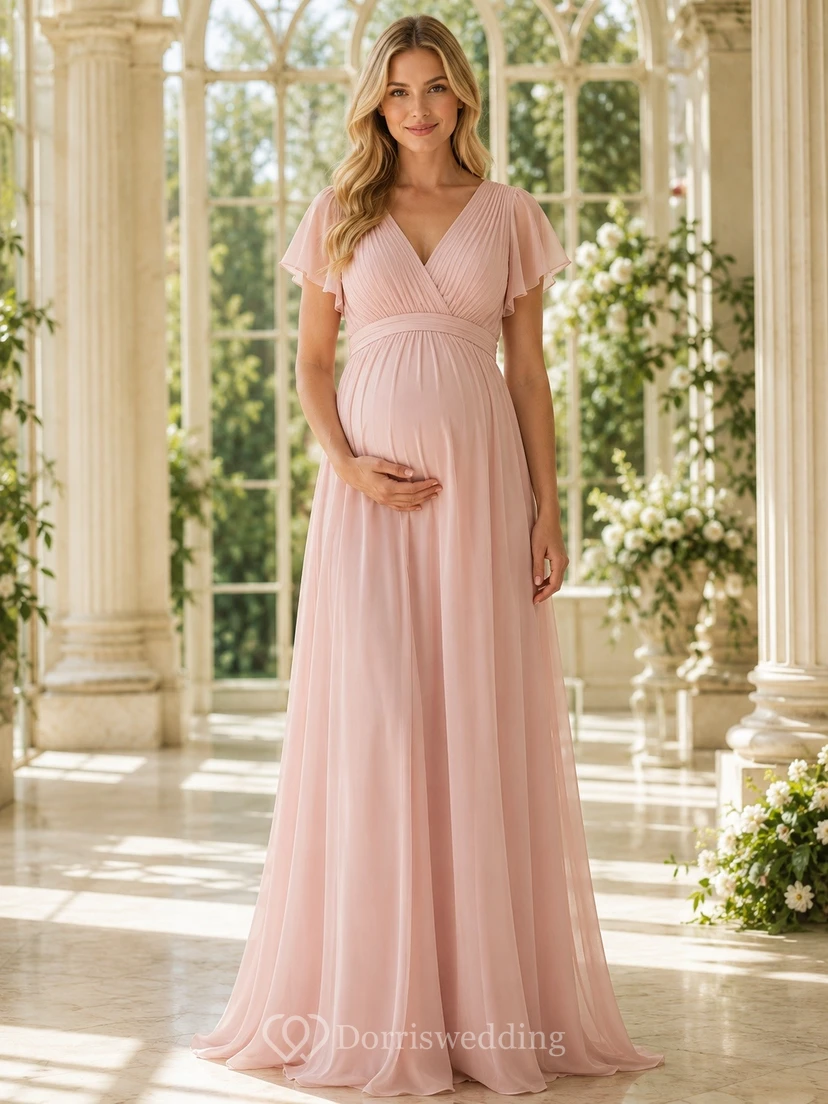 Maternity Empire Cap Sleeve Chiffon Floor Length Elegant Formal Dress
