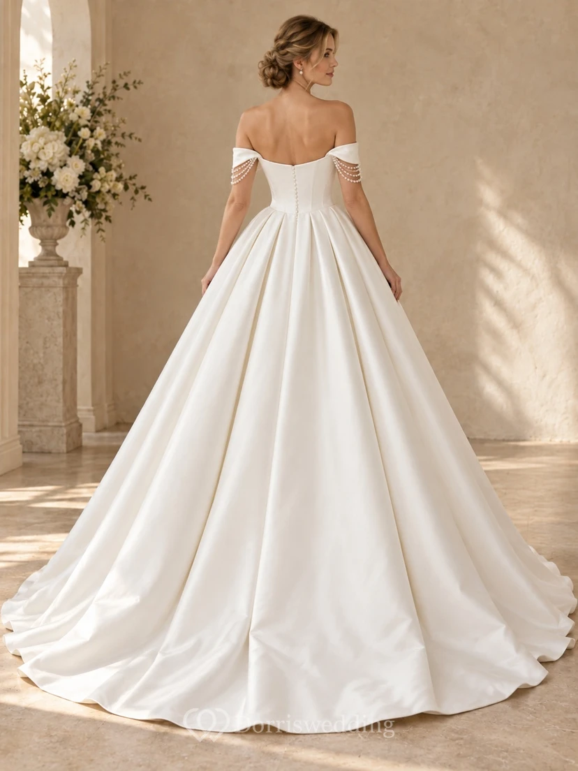 Off Shoulder Sweetheart Pearl Draped Satin Pleated Full Skirt Romantic Wedding Dress view 2