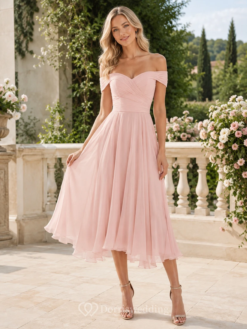 Petal Reception Blush A-Line Tea-Length Off-Shoulder Short-Sleeve Chiffon Romantic Bridesmaid Dress