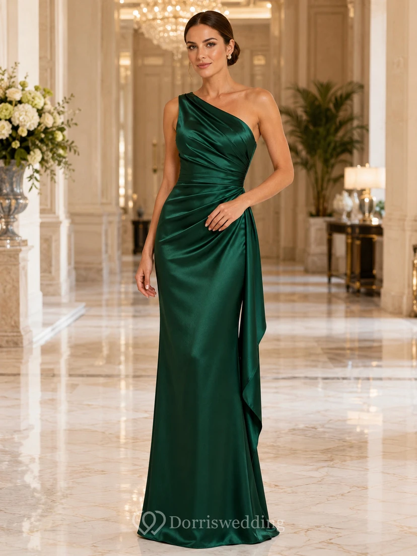 Dark Green Formal Black Tie Wedding Guest Bridesmaid Evening Formal Dress Sheath Floor-Length One-Shoulder Sleeveless Satin Ruched Zipper Back