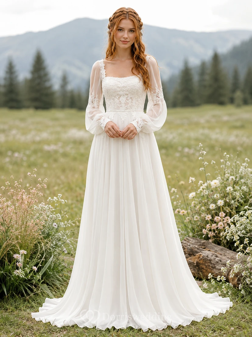 Square Neck Bishop Sleeve Chiffon Meadow Bridal Gown