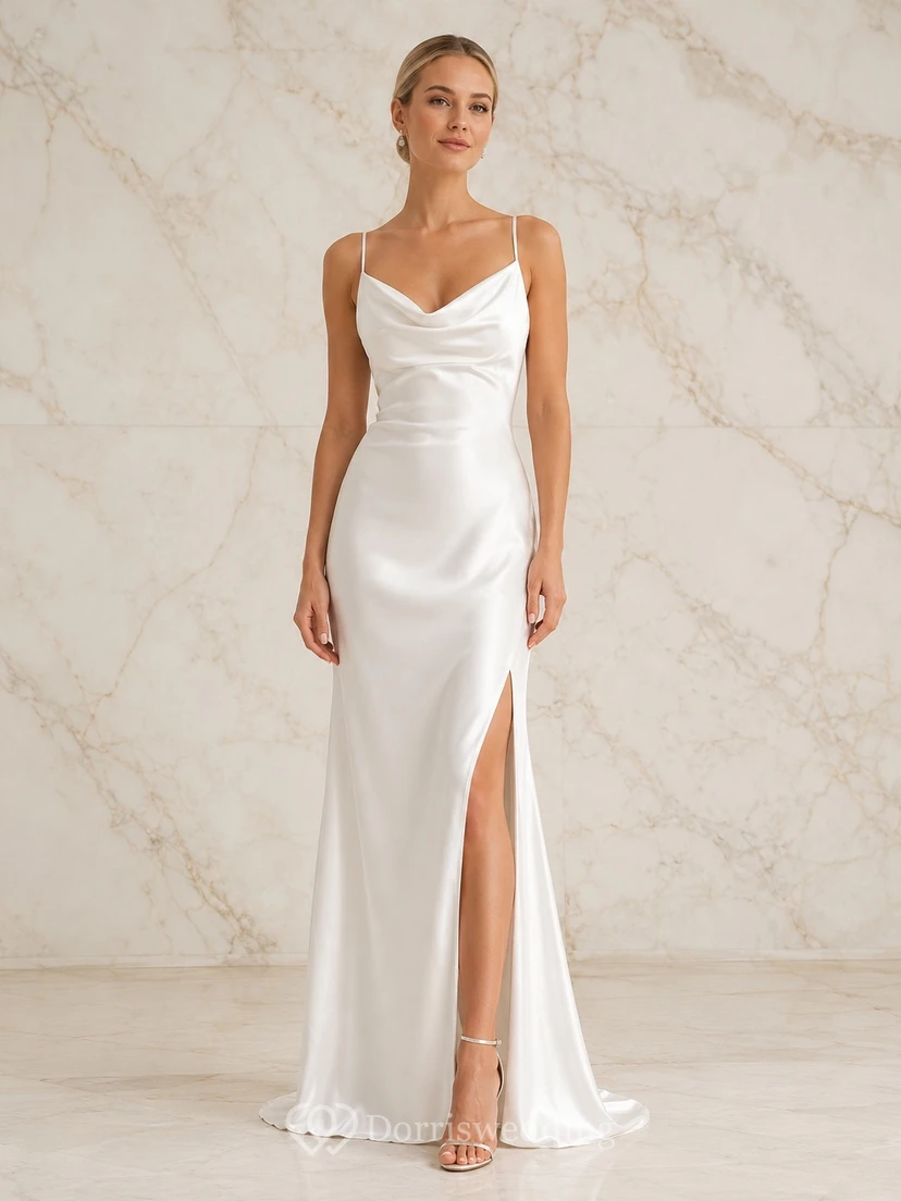 White Cowl Satin Side-Slit Sheath Floor-Length Sleeveless Sexy Evening Gown