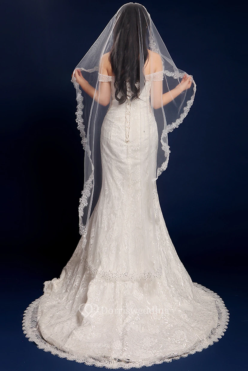 Long Tulle Wedding Veil with Lace Edge view 2