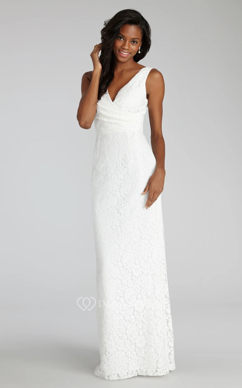 Impressive Sheath Floor-length Lace Dress with V-neck and Criss Crossed Ruching  view 5