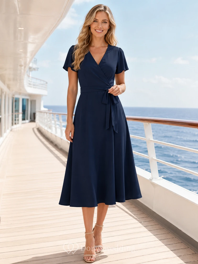 Navy Short Sleeve V Neck Wrap Cruise Midi Dress