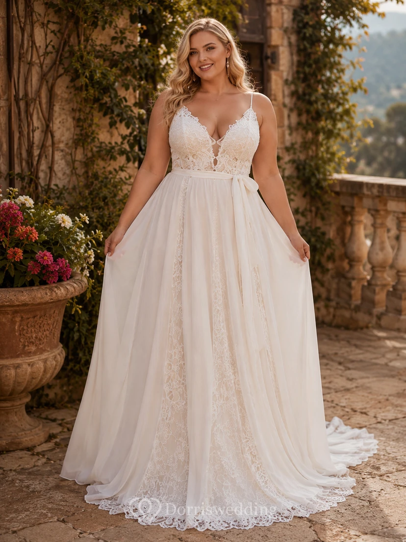 Robe de mariée trapèze en dentelle à col V et dos nu, style plage view 4