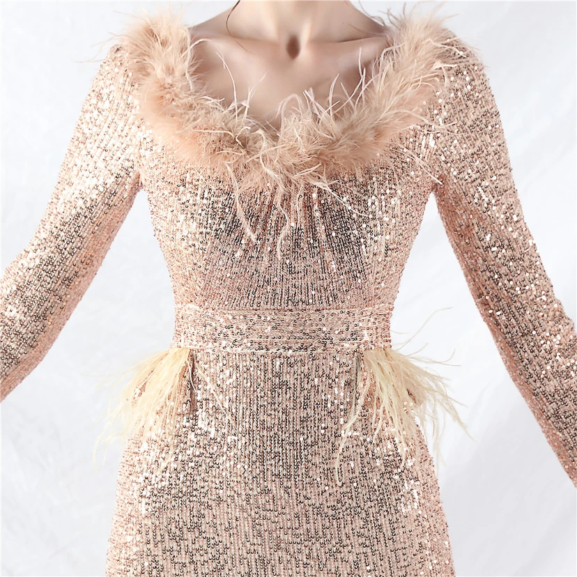 Craft-Made Ostrich Feather Long-Sleeved Beads Evening Dress view 63