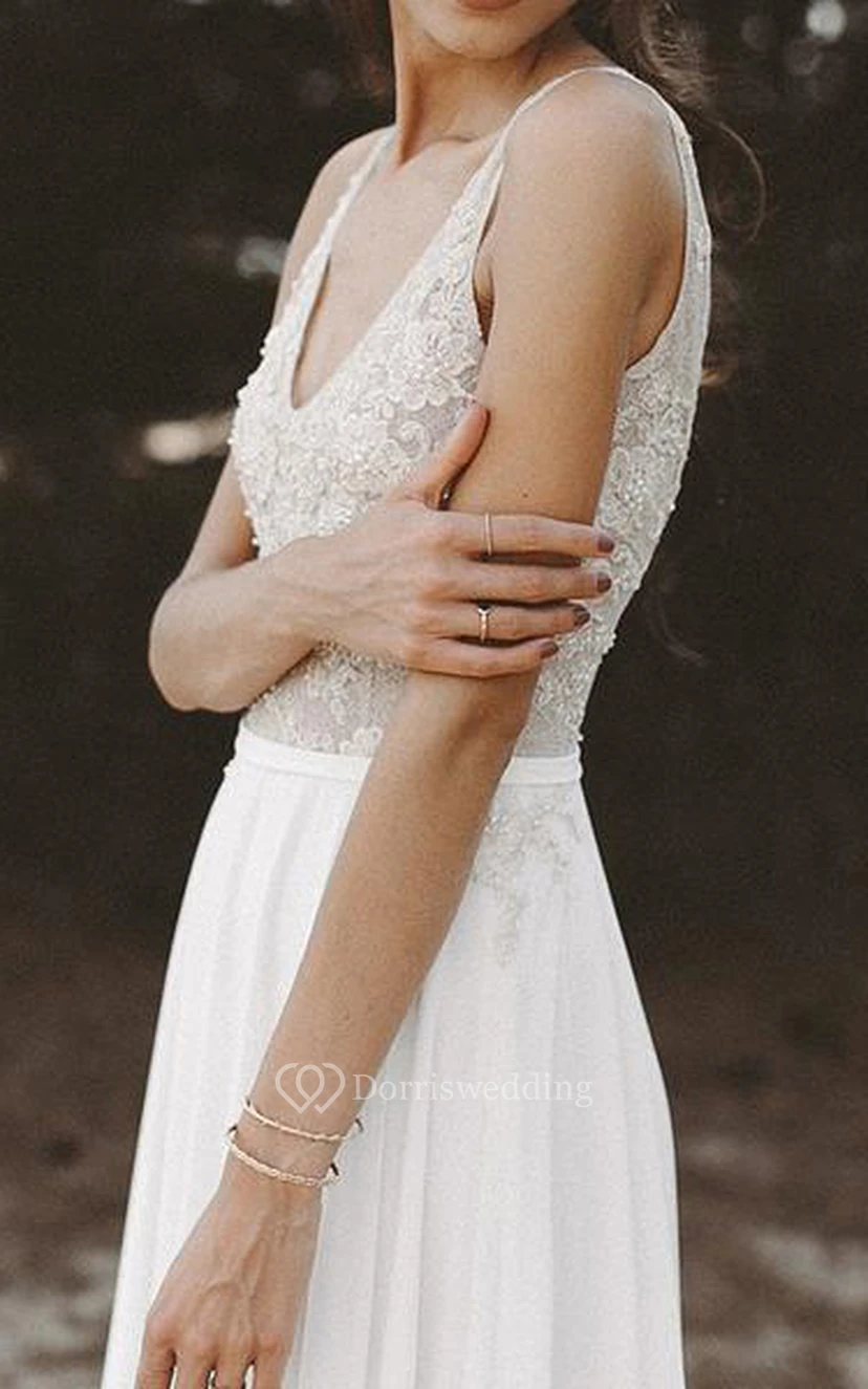 Chiffon-Spitzen-Brautkleid mit Schleppe, ärmellos, A-Linie, im Boho-Stil mit Perlenstickerei view 4