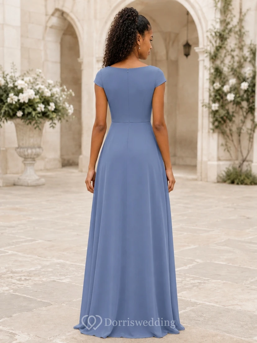 Schieferblaues Brautjungfernkleid im A-Linien-Schnitt mit kurzen Flügelärmeln, schlicht view 2