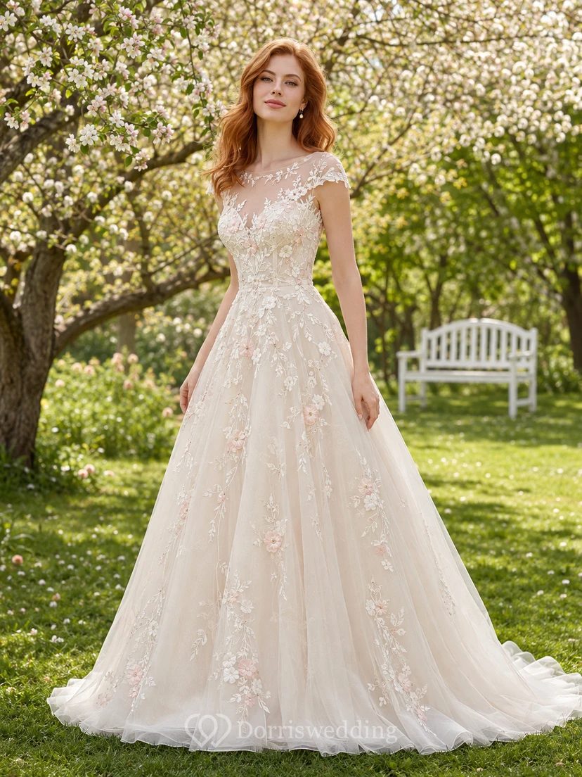 Brautkleid mit Blumenmuster, schulterfrei, bestickt, aus Tüll, A-Linie