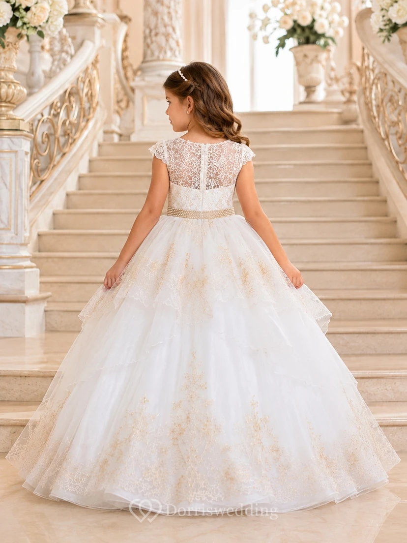 Ivory Romantic Strappy Tulle Short-Sleeve Ball-Gown Flowergirl Dress view 2