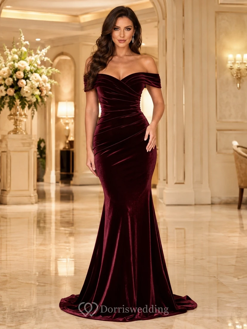 Burgundy Velvet Off-Shoulder Ruched Mermaid Sweep-Train Evening Dress