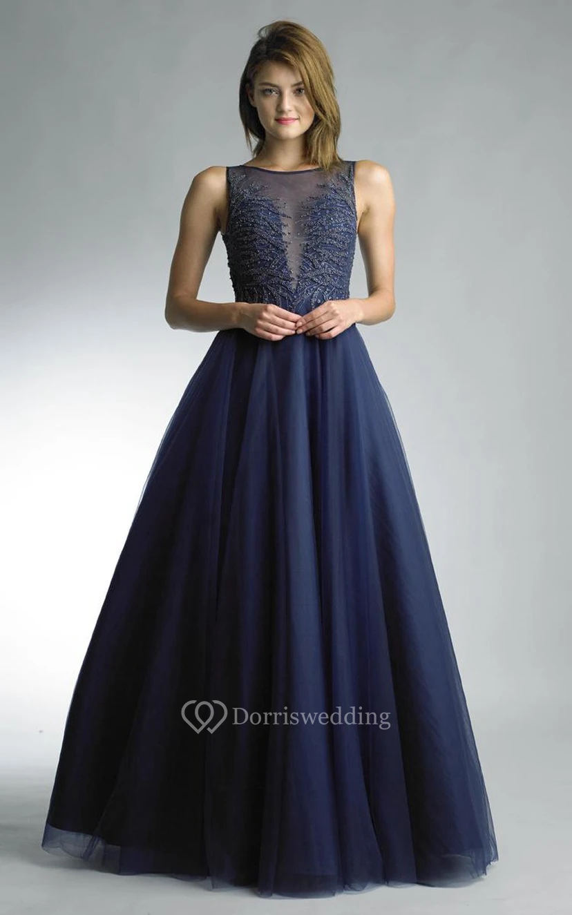A-line Floor-length Bateau Sleeveless Tulle Low-V Back Dress view 4