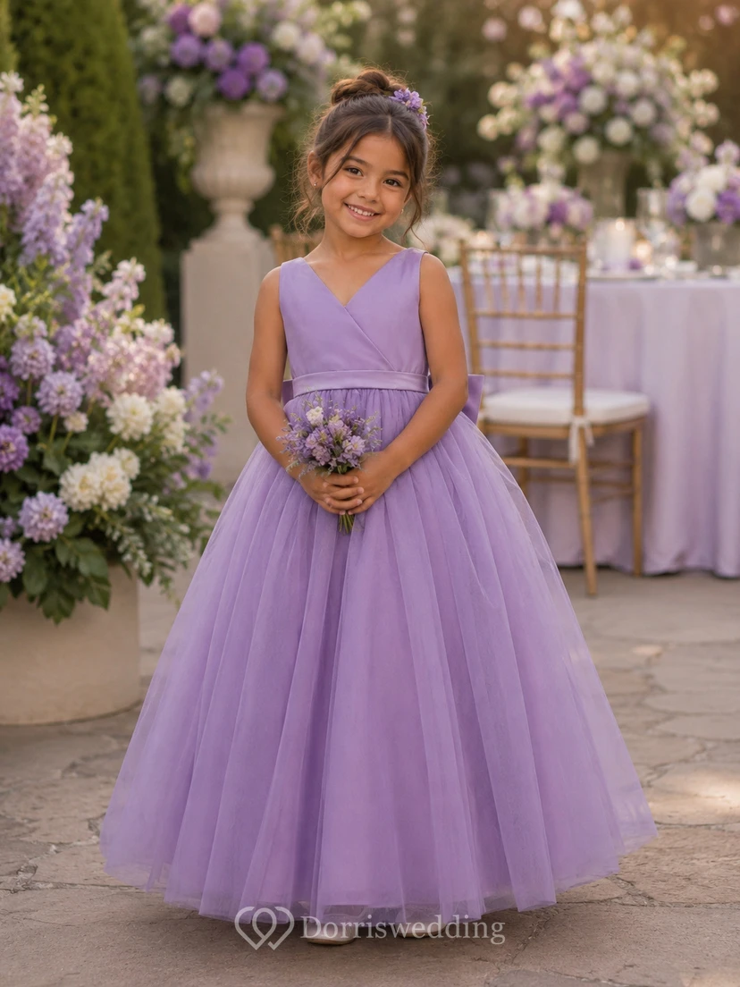 Water Melon V-neck Sleeveless A-line Tulle Pleated Flowergirl Dress view 7