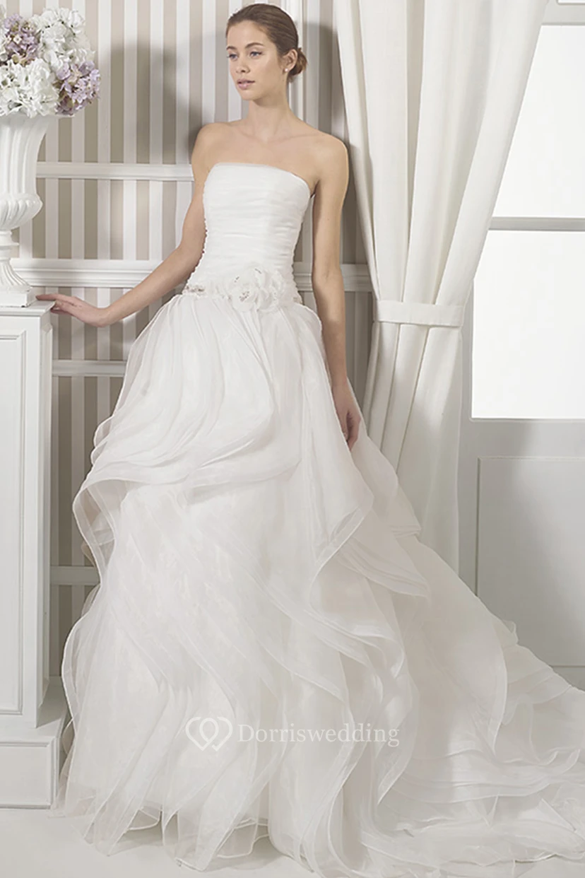 A-Line Ruffled Maxi Sleeveless Strapless Organza Simple Wedding Dress With Flower And Ruching