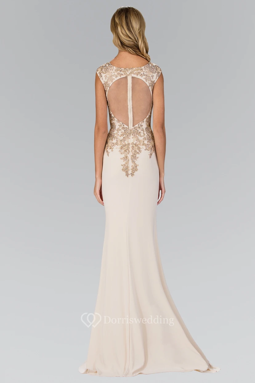 Sheath Long V-Neck Sleeveless Jersey Illusion Dress With Appliques And Beading view 2