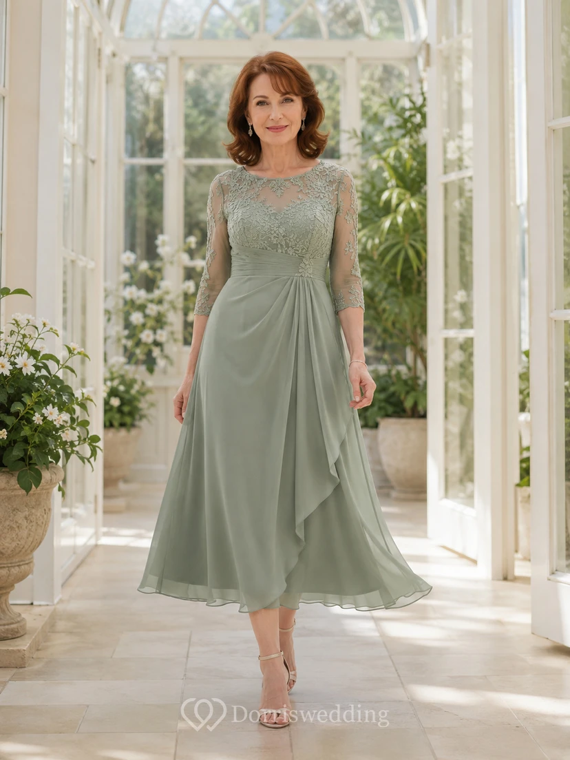 Romantisches, elegantes Mutterkleid aus Spitze in zartem Salbeigrün mit Illusion-Ausschnitt, Dreiviertelärmeln, A-Linien-Schnitt und Chiffon-Teelänge