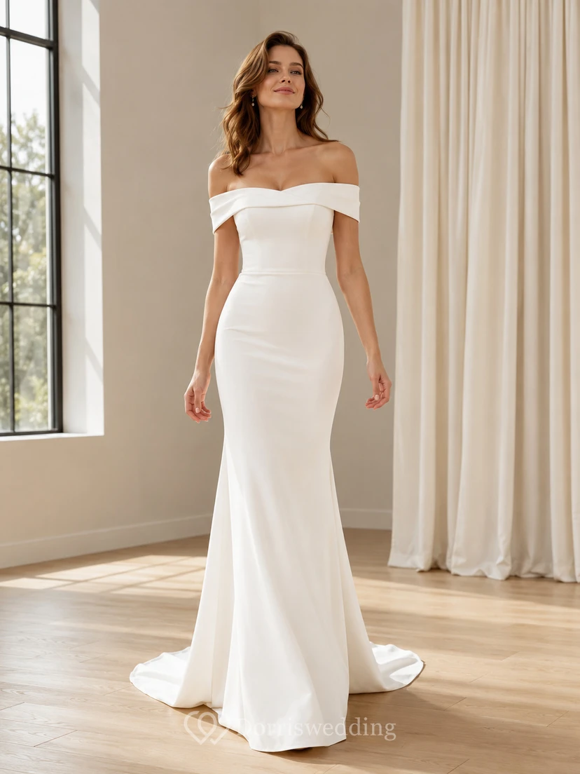 Simple Off Shoulder Satin Mermaid Sweep Train Modern Minimalist Wedding Dress