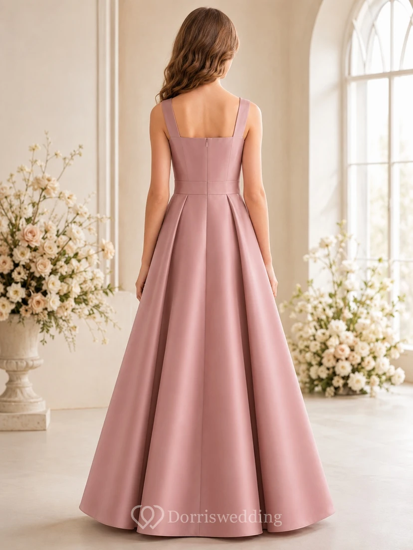 Vestido de dama de honor juvenil color rosa empolvado, corte en A, sin mangas, estilo cuadrado, de lujo. view 2