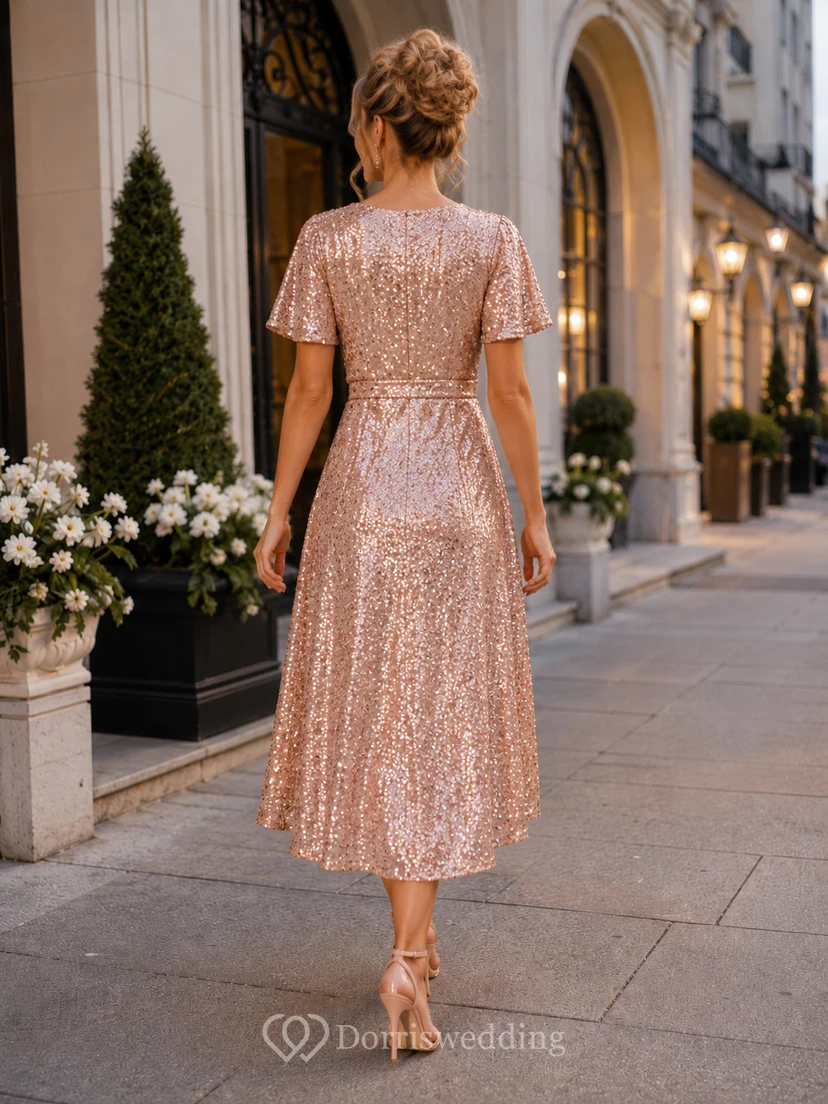Robe d'invitée de thé champagne à col V, manches papillon et sequins, style portefeuille view 2