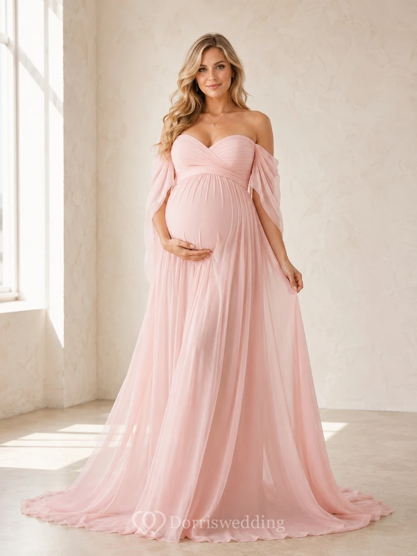 Blush Maternity Chiffon Off-the-shoulder Empire A-Line Sweep Train Romantic Gown