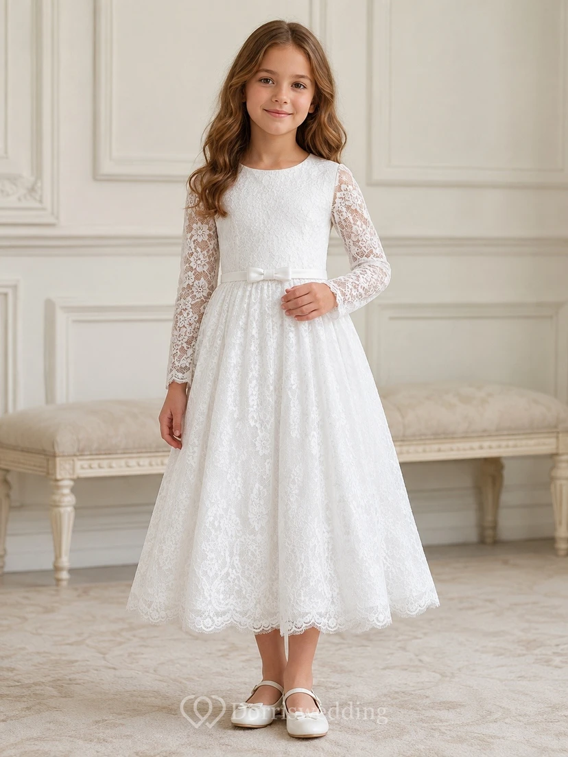 White Lace High Neck Illusion Long Sleeve Ankle-Length Flowergirl Dress