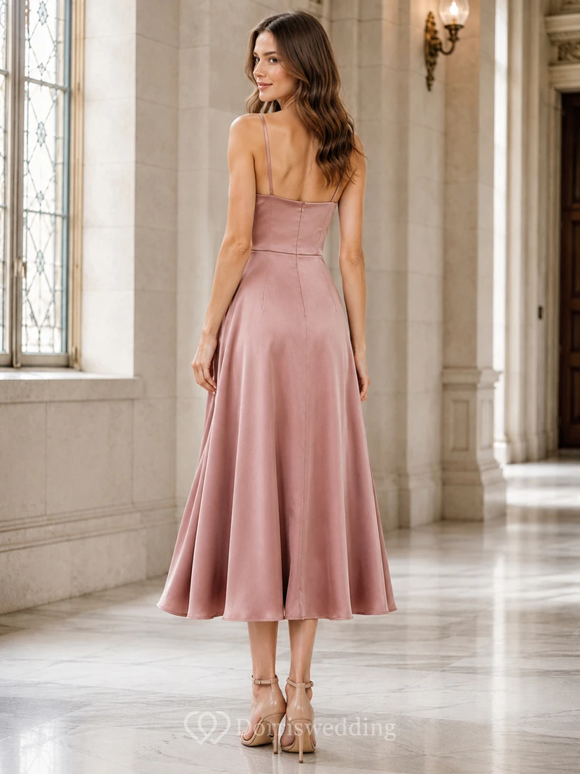 City Hall Cocktail Dusty Rose Simple Elegant A-Line Satin Bridesmaid Dress with Spaghetti Straps Square Neck Sleeveless Tea-Length Strap Back Zipper Back view 2