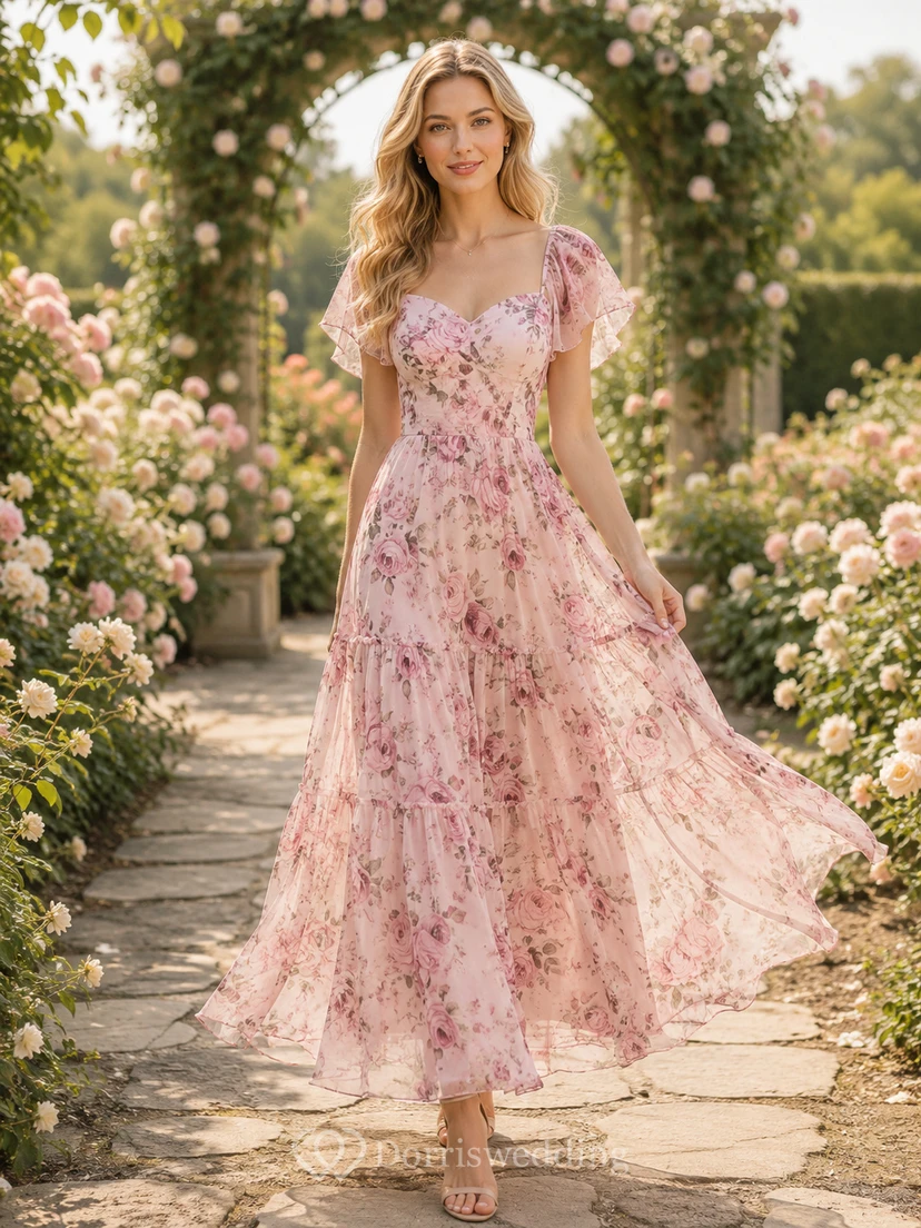 Romantic Pink Floral Flutter Sleeve Chiffon Maxi Dress