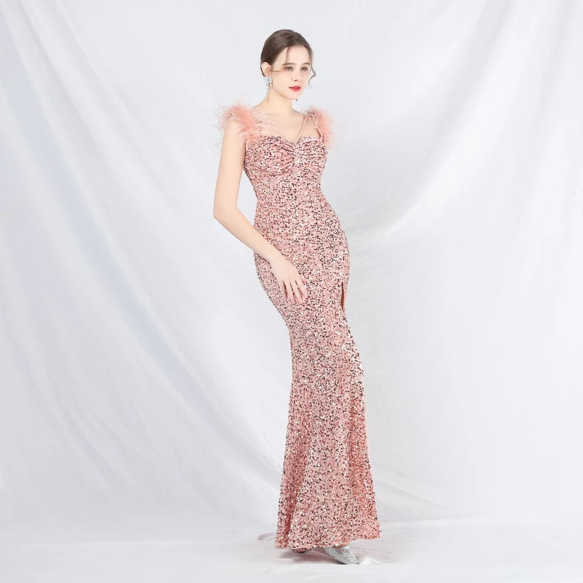 Craft Beaded Ostrich Feather Plush Sequined Long Evening Dress view 40