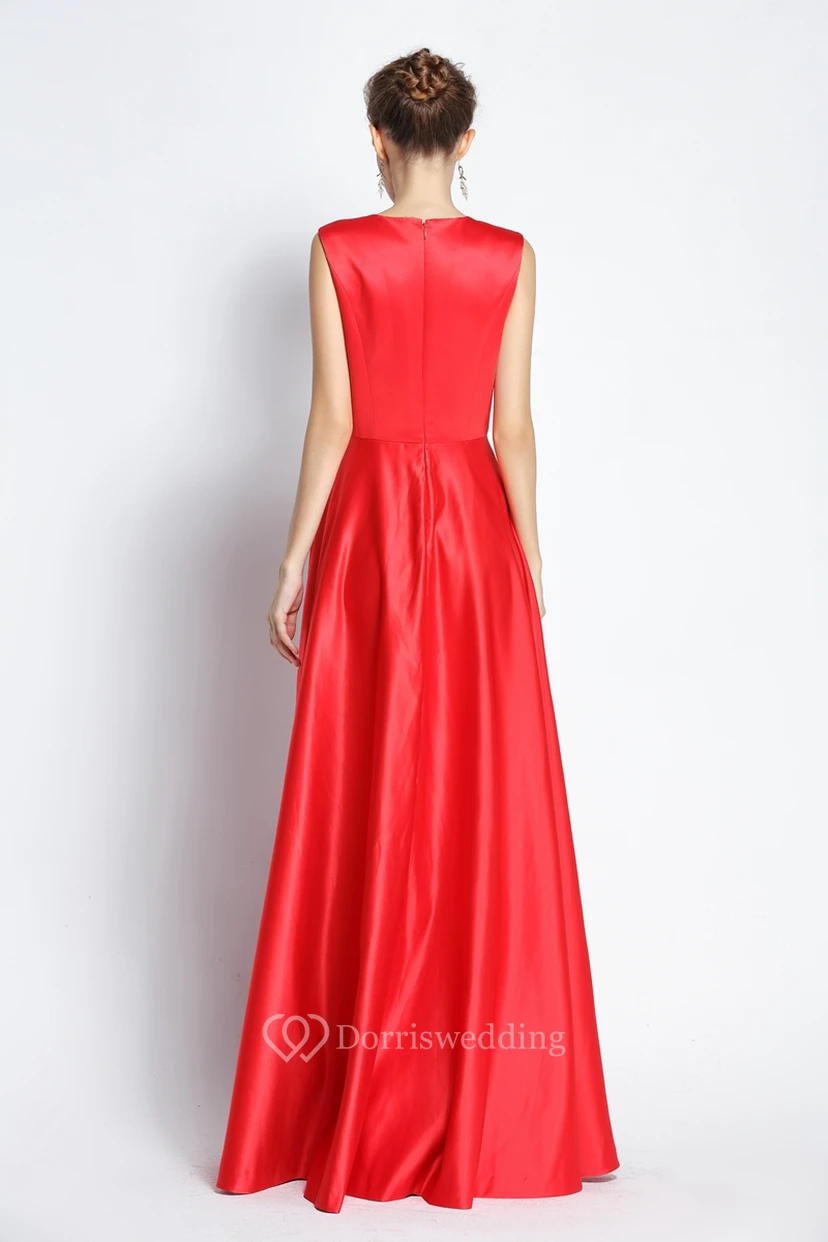 A-Linien-Abendkleid aus bodenlangem, juwelenfarbenem Satin, ärmellos und mit Perlenstickerei view 2