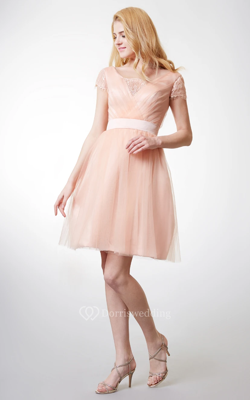 Lace Short Sleeve Pleated Tulle Dress With Satin Belt view 3