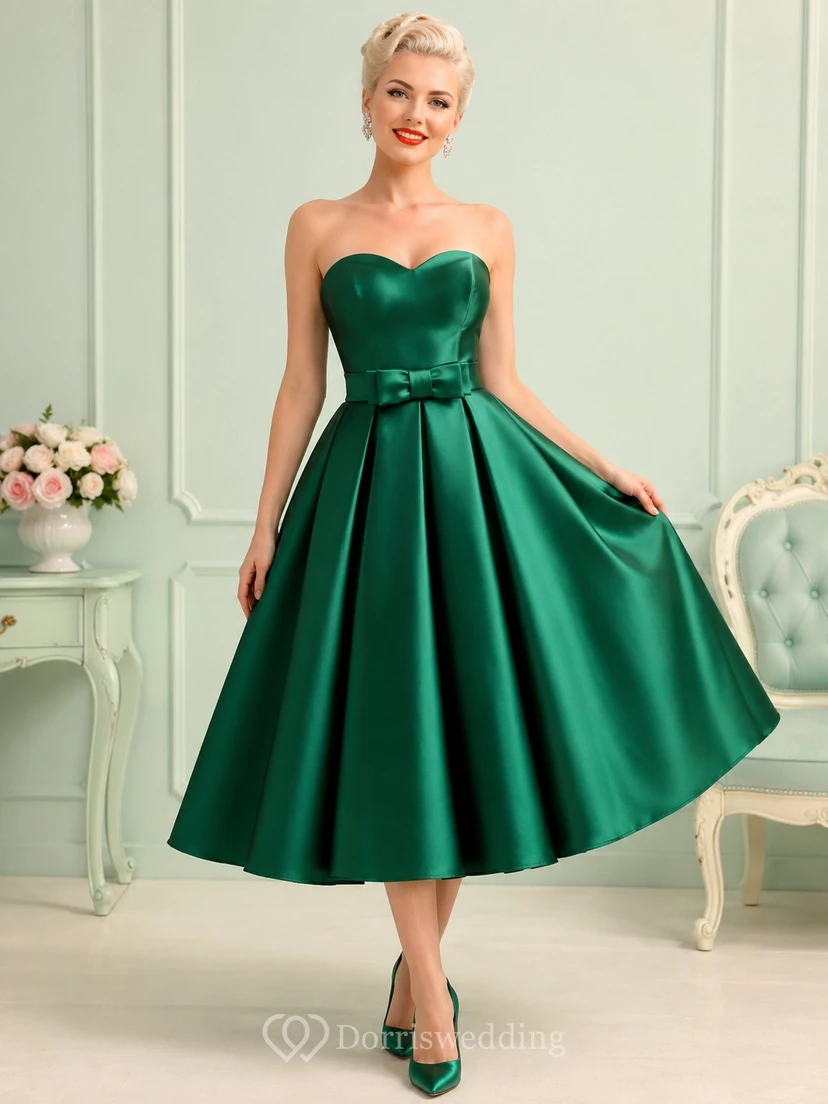 Vestido de gala de satén esmeralda sin tirantes con escote corazón y largo hasta la rodilla