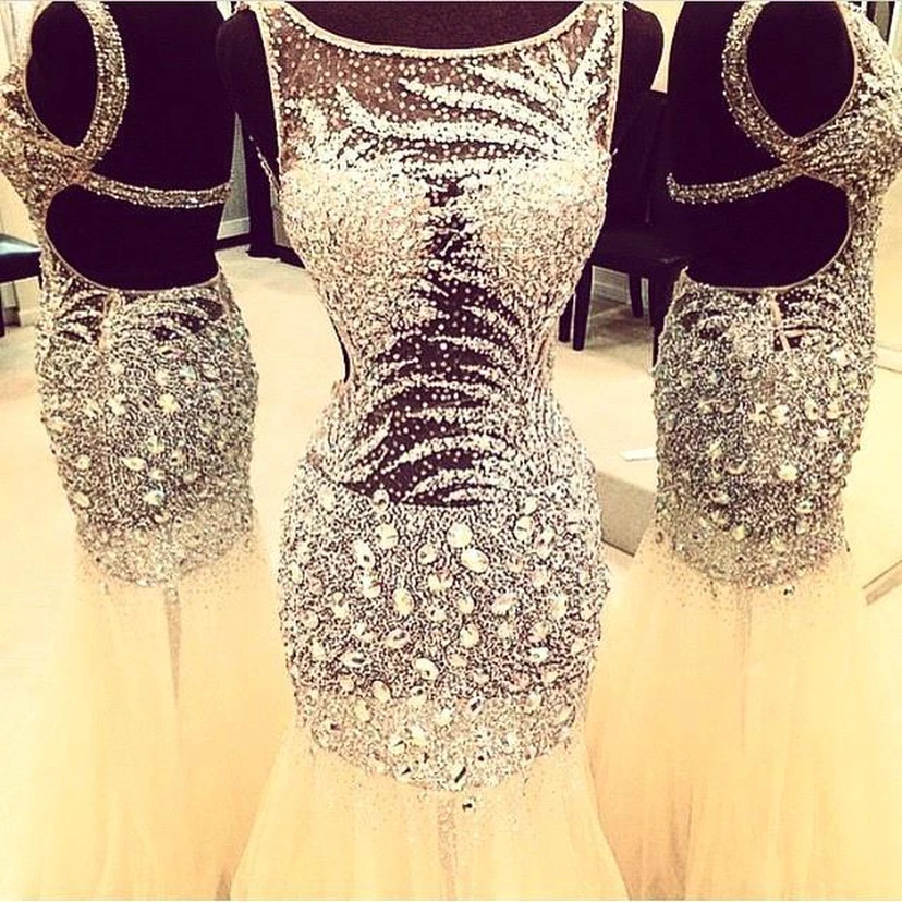 Luxurious Sleeveless Mermaid Prom Dresses Crystals Tulle Floor Length view 2