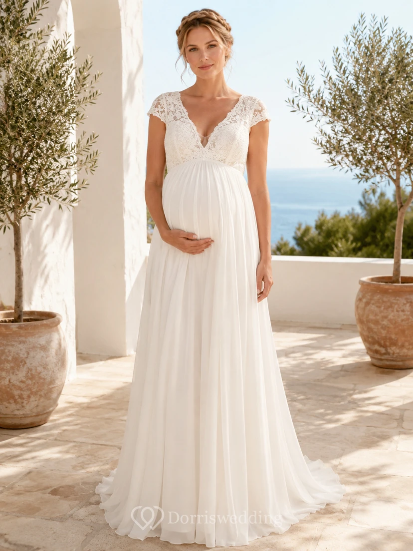 Maternity V-Neck Cap Sleeve Lace Empire Wedding Dress