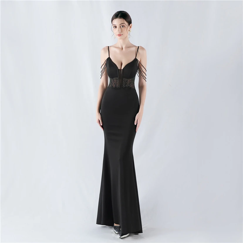 Vestido de noche con cintura de espiga, bordado de diamantes de imitación, ideal para banquetes y presentaciones. video preview