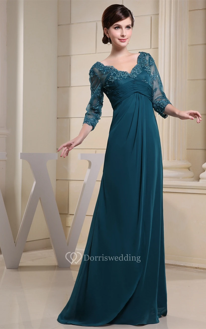 Maxikleid mit V-Ausschnitt, Empire-Ärmeln, Illusionsärmeln und Applikationen view 2