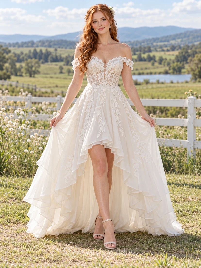 Country High-low Off Shoulder Corset Lace Cascading Bridal Wedding Dress